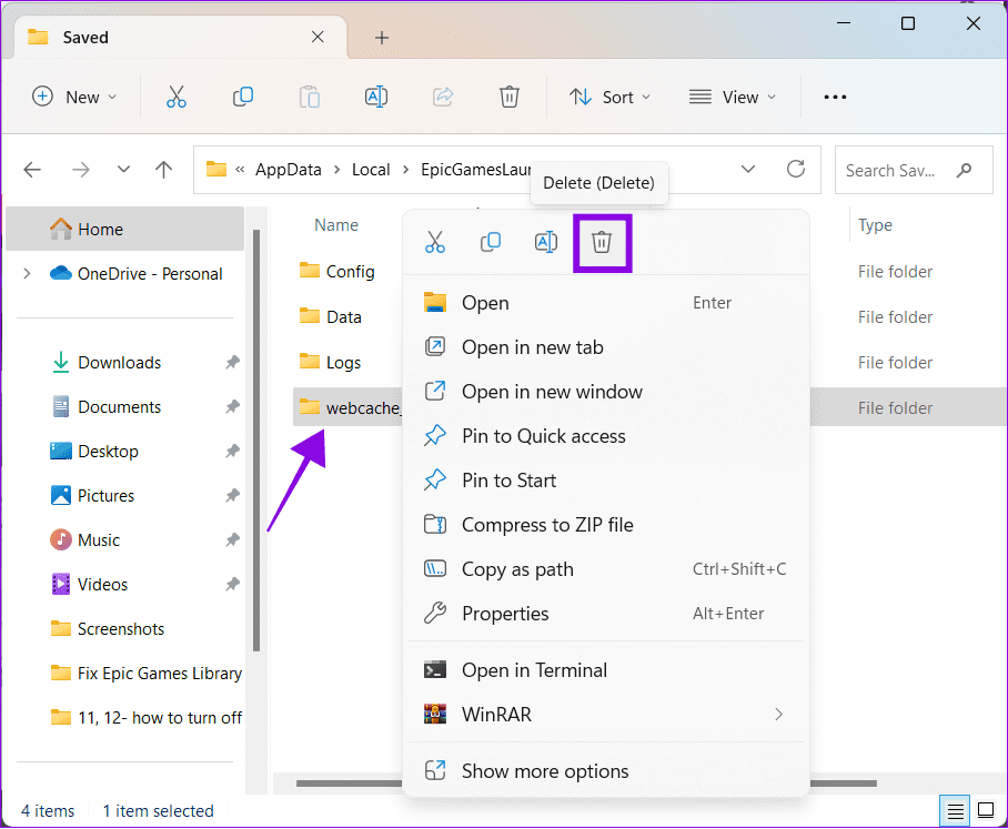 delete-webcache 12 طريقة لإصلاح عدم عرض مكتبة Epic Games