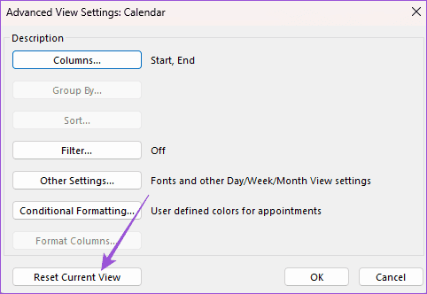 reset-current-view-settings-outlook-calendar-windows-11 أفضل 6 إصلاحات لعدم ظهور الأحداث و المواعيد في Outlook Calendar على Windows 11