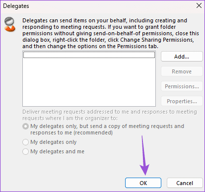 save-account-delagate-settings-windows-11-outlook أفضل 6 إصلاحات لعدم ظهور الأحداث و المواعيد في Outlook Calendar على Windows 11