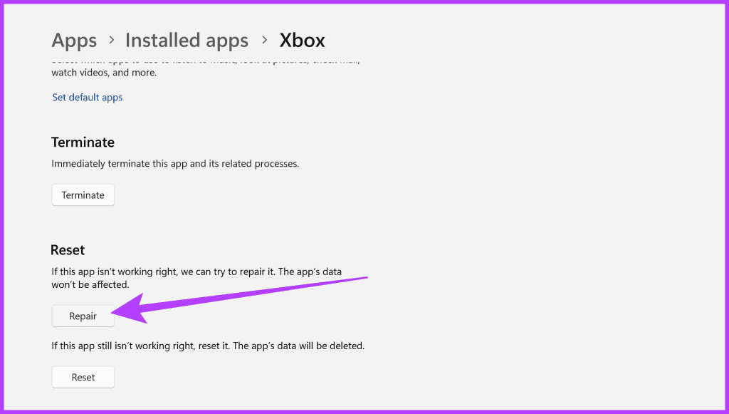 scroll-down-to-the-Reset-section 8 إصلاحات لتطبيق Xbox عالق في الخطأ "Few Things That Are Missing on This PC".