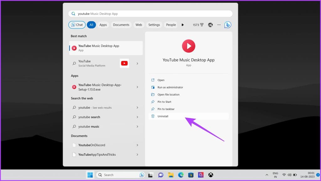search-for-YouTube-Music-Desktop-App-using-the-Start-menu.-Then-click-on-Uninstall-1024x578-1 كيفية تثبيت تطبيق YouTube Music على سطح المكتب (Windows وMac)
