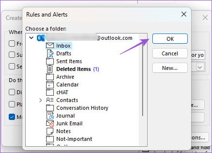 select-folder-to-move-emails-automatically-outlook كيفية إنشاء المجلدات ونقل رسائل البريد الإلكتروني في Outlook على Mac وWindows