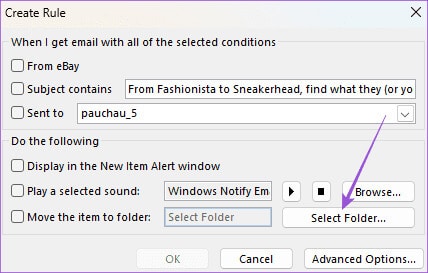 select-folder-to-move-emails-outlook-app-windows كيفية إنشاء المجلدات ونقل رسائل البريد الإلكتروني في Outlook على Mac وWindows