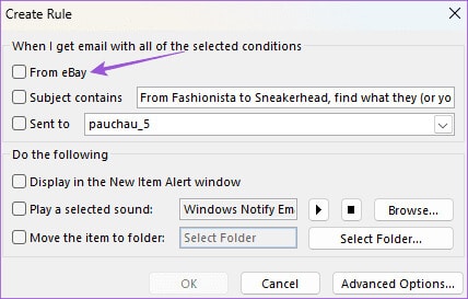 select-from-create-rule-outlook-app-windoiws كيفية إنشاء المجلدات ونقل رسائل البريد الإلكتروني في Outlook على Mac وWindows