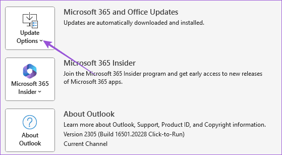 update-options-outlook-windows-11 أفضل 6 إصلاحات لعدم ظهور الأحداث و المواعيد في Outlook Calendar على Windows 11
