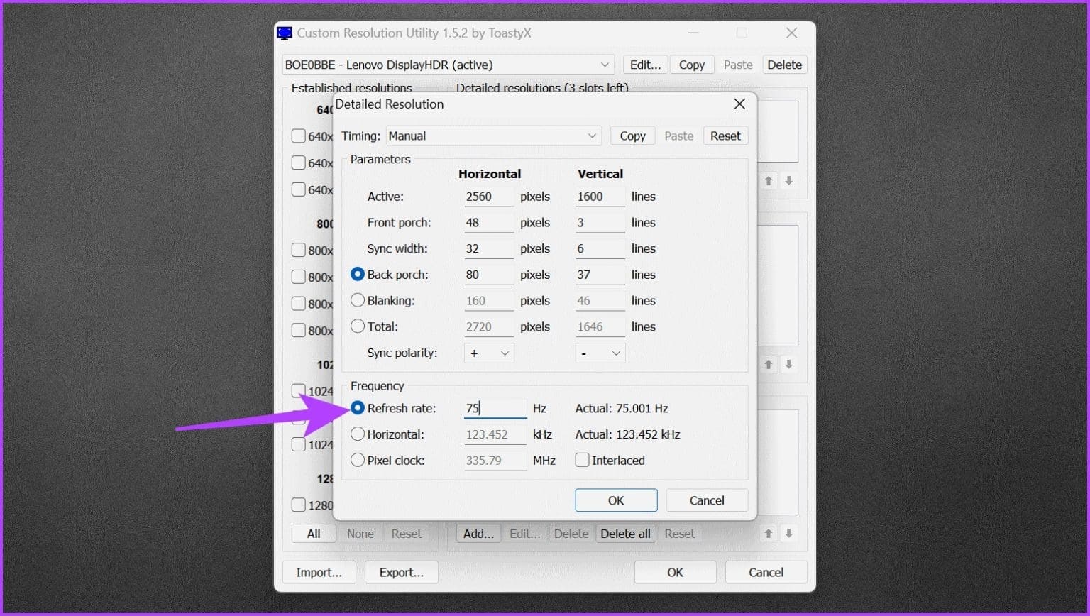 withborder_Change-the-Refresh-rate-to-a-number-of-your-choice.-Once-done-click-on-OK-to-add-the-custom-resolution-1536x868-1 كيفية رفع تردد التشغيل على الشاشة: NVIDIA و AMD و Intel GPUs