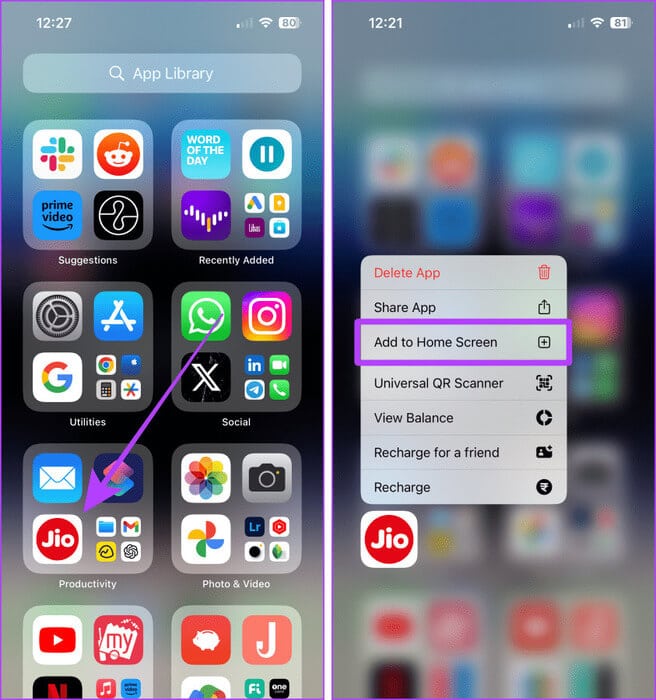 Add-an-App-to-Home-Screen-from-App-Library-on-iPhone كيفية نقل أو إعادة ترتيب التطبيقات على iPhone
