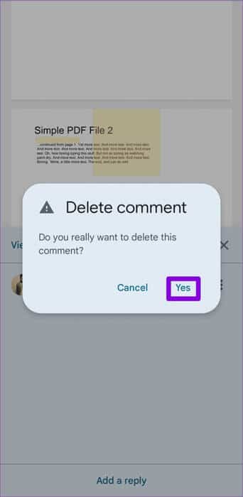 Confirm-Delete-a-Comment-From-PDF-Document-500x1024-1 كيفية إضافة تعليق توضيحي إلى ملف PDF باستخدام تطبيق Google Drive على Android