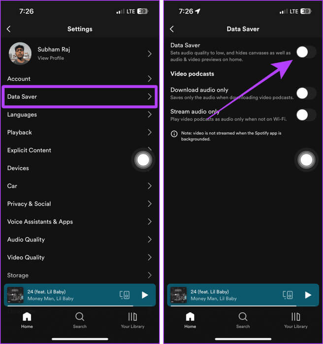 Disable-Data-Saver-on-Spotify-Mobile كيفية جعل Spotify أعلى صوتًا على سطح المكتب والهاتف المحمول