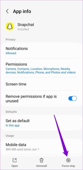 Force-Stop-Snapchat-App-500x1024-1 8 طرق لإصلاح عدم تشغيل مقاطع الفيديو في Snapchat على Android وiPhone