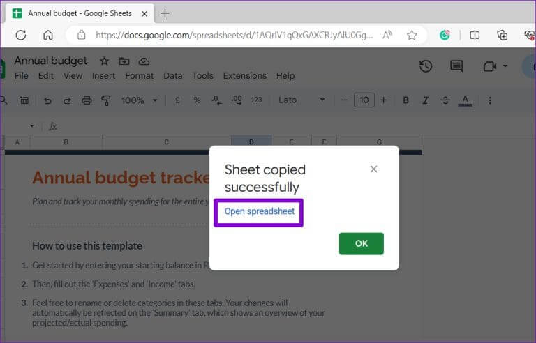 Open-Copied-Google-Sheets-Spreadsheet-768x492-1 أفضل 3 طرق لإنشاء نسخة من ورقة عمل Google Sheets