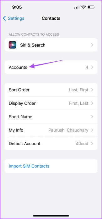 accounts-contacts-settings-iphone-475x1024-1 أفضل 7 إصلاحات لعدم مزامنة جهات اتصال Outlook على iPhone وMac