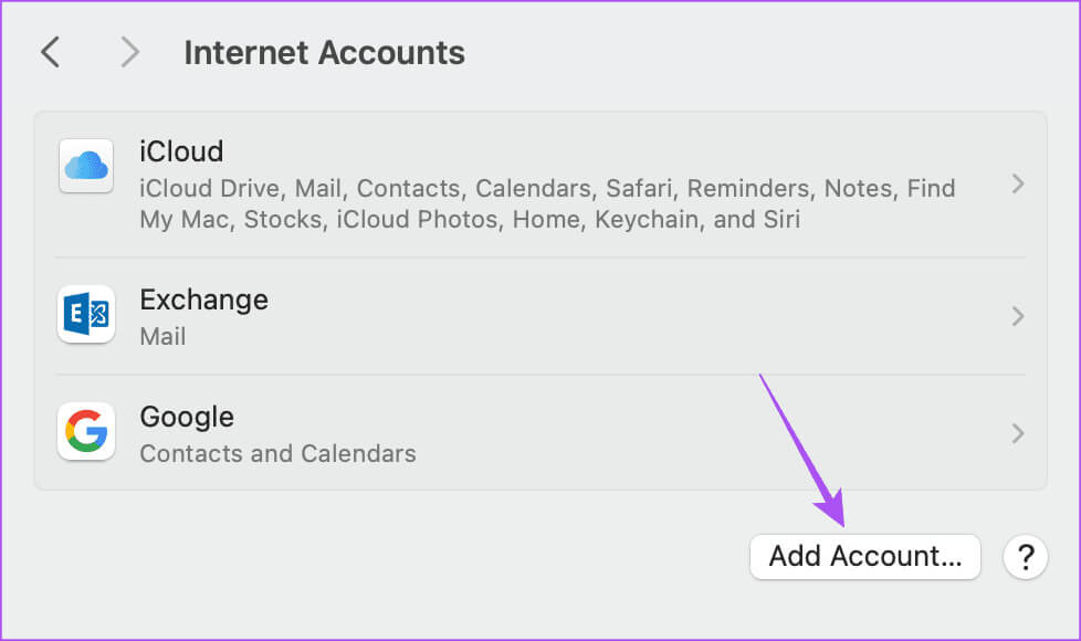 add-account-internet-account-Mac أفضل 7 إصلاحات لعدم مزامنة جهات اتصال Outlook على iPhone وMac