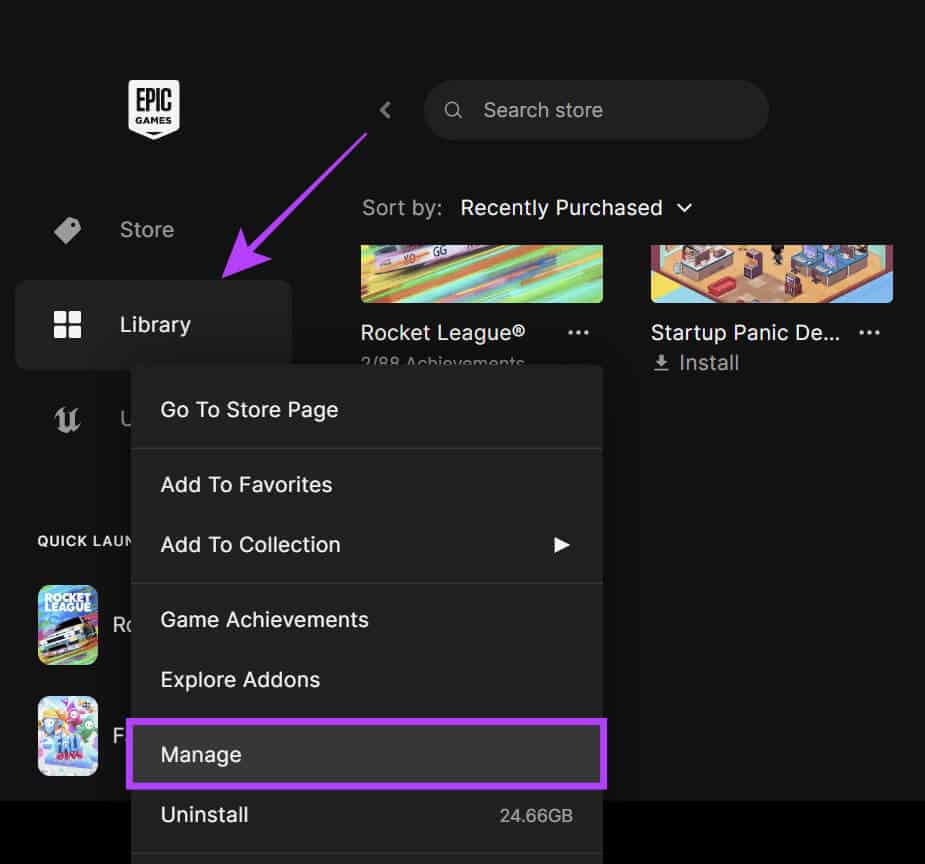 choose-library-and-then-select-Manage 15 طريقة لإصلاح تعطل لعبة Rocket League أو تجمدها