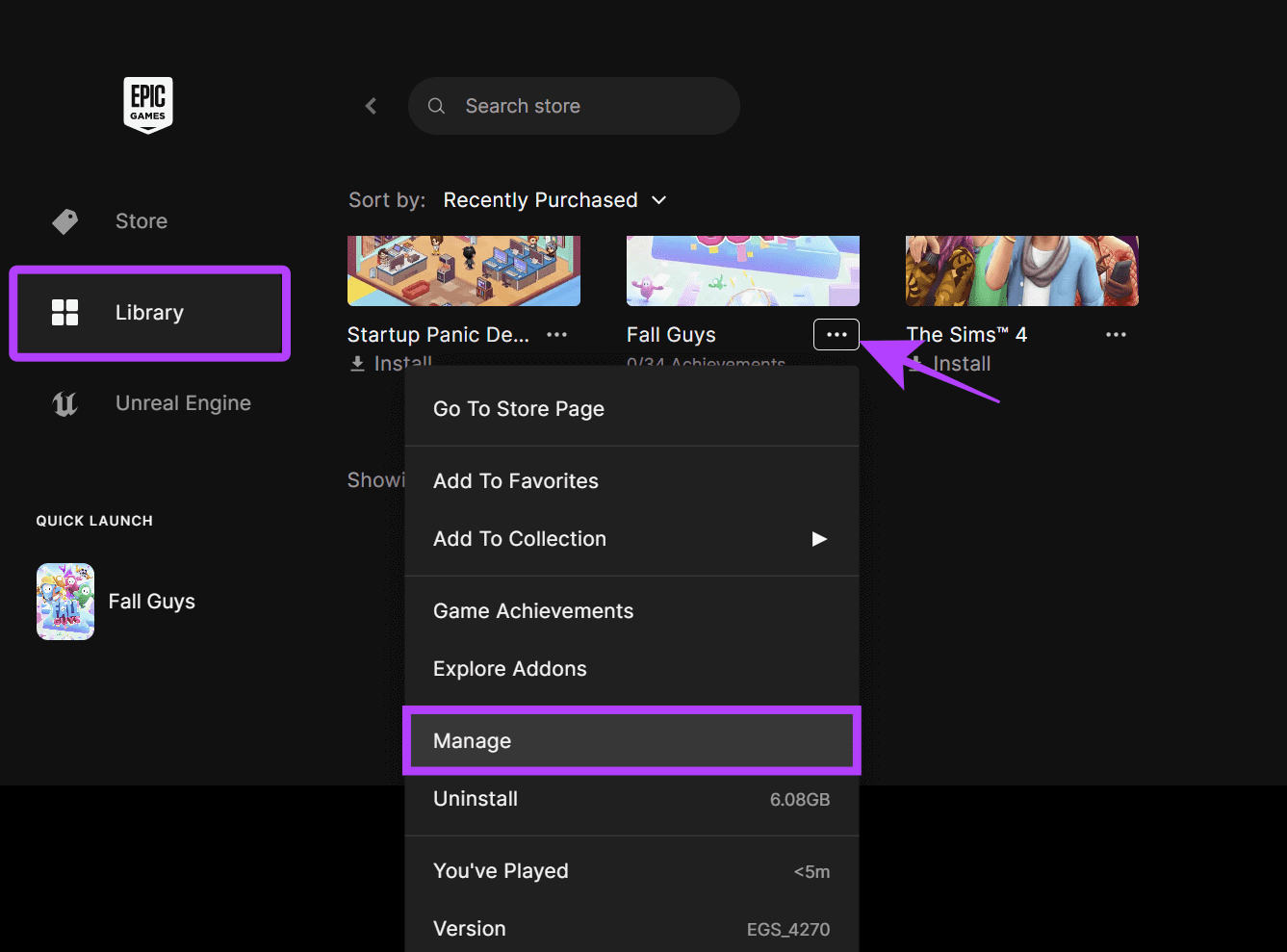 choose-library-tap-the-three-dots-below-the-game-and-choose-Manage 12 طريقة لإصلاح رمز خطأ II-E1003 في Epic Games