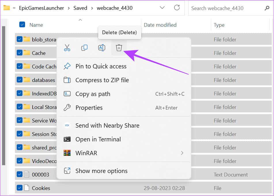 choose-the-files-inside-webcache-and-delete-the-files-inside-them 12 طريقة لإصلاح رمز خطأ II-E1003 في Epic Games