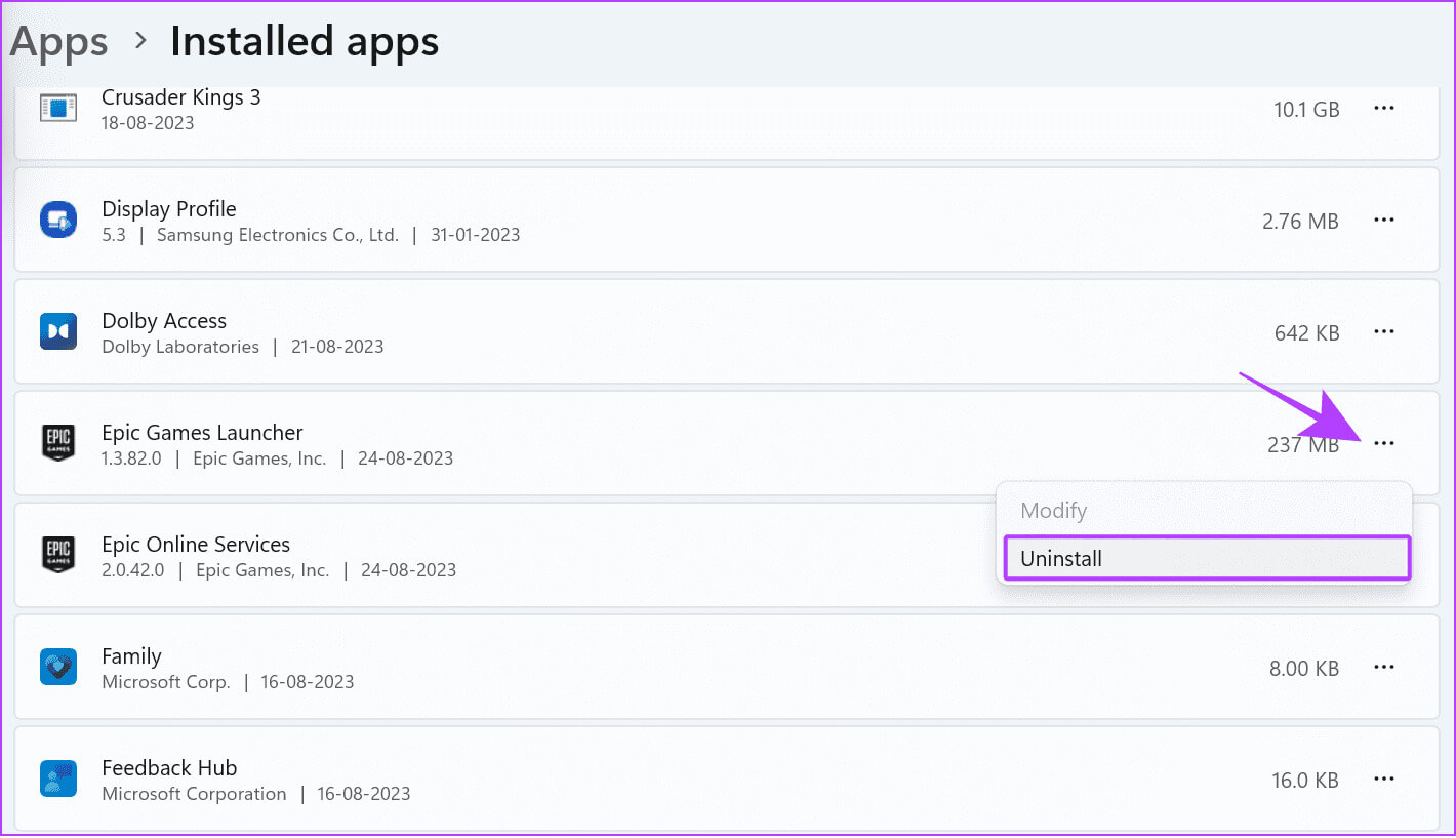choose-the-three-dots-next-to-epic-games-launcher-and-select-Delete-1 12 طريقة لإصلاح رمز خطأ II-E1003 في Epic Games