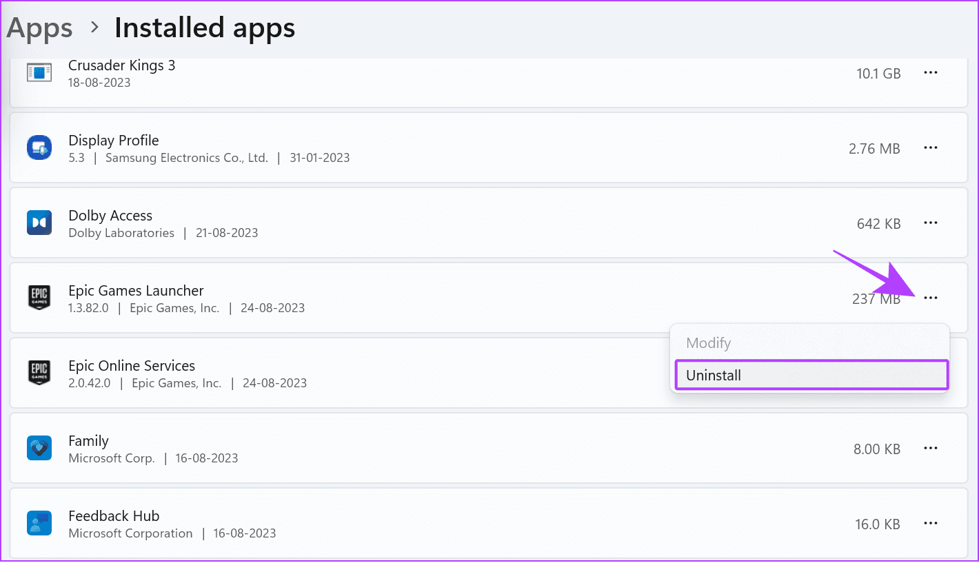 choose-the-three-dots-next-to-epic-games-launcher-and-select-Delete-2 12 طريقة لإصلاح رمز خطأ II-E1003 في Epic Games