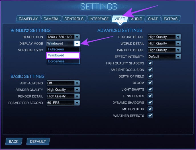 choose-video-and-then-choose-Windowed-in-Rocket-League 15 طريقة لإصلاح تعطل لعبة Rocket League أو تجمدها