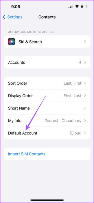 default-account-contacts-app-iphone-475x1024-1 أفضل 7 إصلاحات لعدم مزامنة جهات اتصال Outlook على iPhone وMac