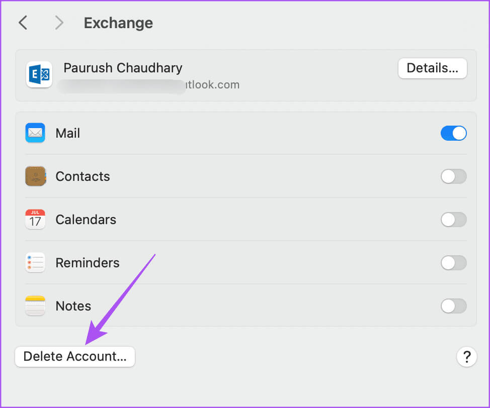 delete-outlook-account-from-Mac أفضل 7 إصلاحات لعدم مزامنة جهات اتصال Outlook على iPhone وMac