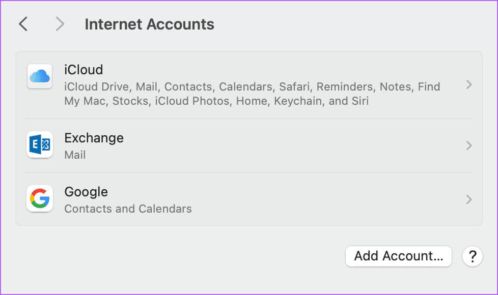 select-outlook-account-internet-accounts-Mac أفضل 7 إصلاحات لعدم مزامنة جهات اتصال Outlook على iPhone وMac
