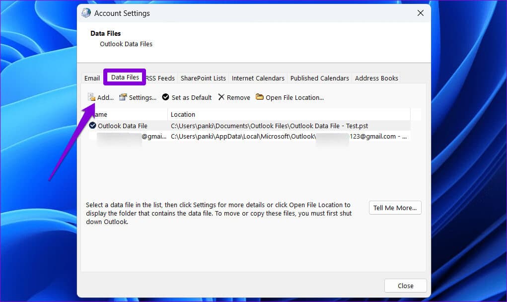 Add-Outlook-Data-File أفضل 5 طرق لإصلاح خطأ لا يمكن الوصول إلى ملف بيانات Outlook على Windows
