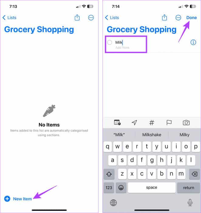 Add-items-to-new-list 7 طرق لإصلاح عدم عمل قائمة التسوق (قائمة البقالة) على iPhone