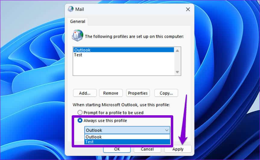 Change-Default-Outlook-Profile أفضل 5 طرق لإصلاح خطأ لا يمكن الوصول إلى ملف بيانات Outlook على Windows