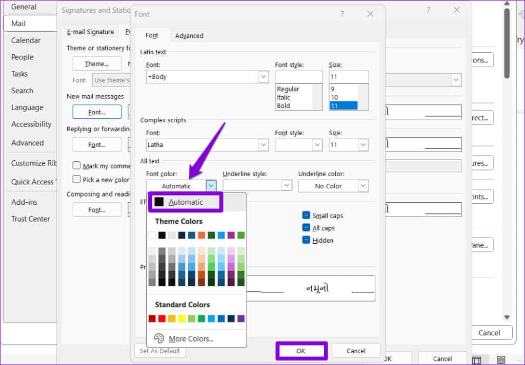 Change-Font-Color-in-Outlook-1024x713-1 أفضل 7 طرق لإصلاح عدم عرض Microsoft Outlook لمحتوى البريد الإلكتروني على Windows