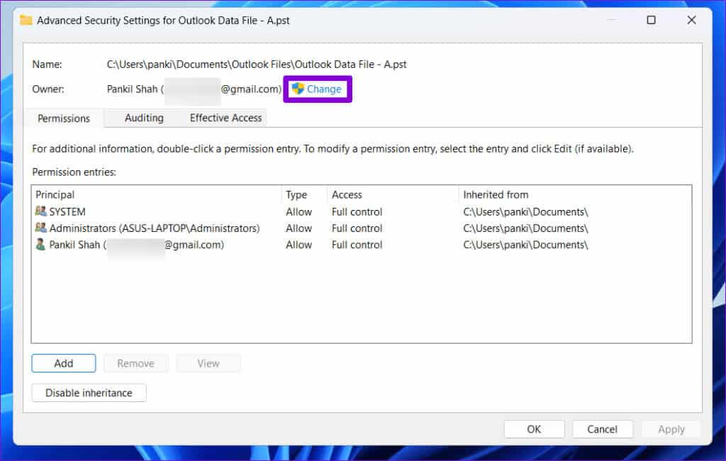 Change-Ownership-of-Outlook-Data-Files-1024x650-1 أفضل 5 طرق لإصلاح خطأ لا يمكن الوصول إلى ملف بيانات Outlook على Windows