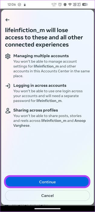 Choose-continue كيفية إلغاء ربط Instagram من Facebook