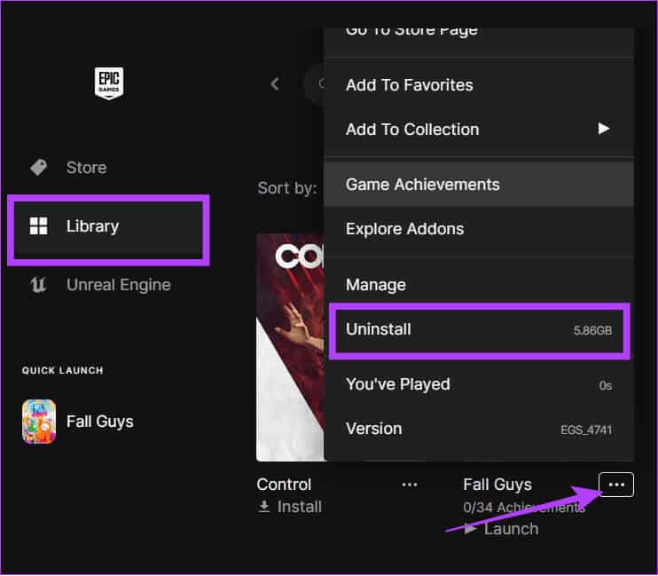 Choose-library-hit-the-three-dots-next-to-the-game-name-and-then-select-Uninstall كيفية تغيير موقع تثبيت Epic Games على Windows