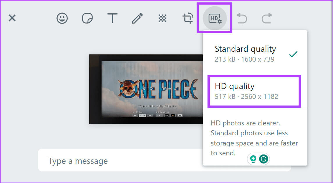 Click-on-HD-and-change-quality كيفية إرسال الصور ومقاطع الفيديو عالية الدقة في WhatsApp