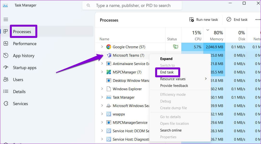 Close-Teams-Using-Task-Manager أفضل 6 طرق لإصلاح عدم ظهور الوظيفة الإضافية لاجتماعات Microsoft Teams في Outlook على Windows