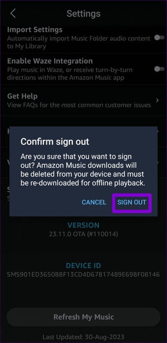 Confirm-Sign-Out-of-Amazon-Music-App-500x1024-1 أفضل 9 طرق لإصلاح عدم تنزيل Amazon Music على Android وiPhone
