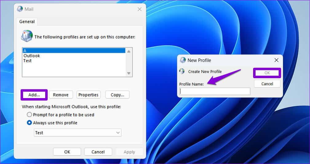 Create-Outlook-Profile-1 أفضل 5 طرق لإصلاح خطأ لا يمكن الوصول إلى ملف بيانات Outlook على Windows