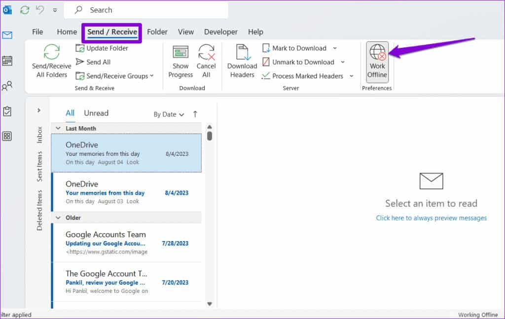 Disable-Offline-Mode-in-Outlook-1024x647-1 أفضل 7 طرق لإصلاح عدم عرض Microsoft Outlook لمحتوى البريد الإلكتروني على Windows