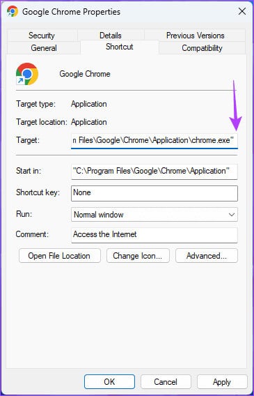 Edit-Google-Chrome-properties أهم 7 إصلاحات لخطأ Err_Cache_Miss على Google Chrome وFirefox