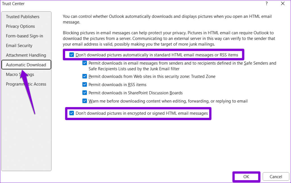 Enable-Automatic-Picture-Downloads-in-Outlook-1024x643-1 أفضل 7 طرق لإصلاح عدم عرض Microsoft Outlook لمحتوى البريد الإلكتروني على Windows