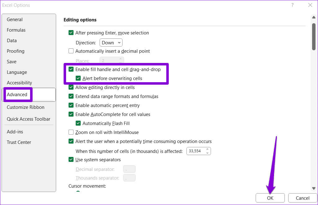 Enable-Fill-Handle-in-Excel أفضل 7 طرق لإصلاح مشكلة عدم عمل الملء التلقائي في Microsoft Excel على Windows