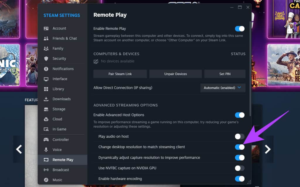 Enable-the-toggle-next-to-Change-desktop-resolution-to-match-streaming-client-1024x640-1 اللعب عن بعد في Steam Deck: قم ببث الكمبيوتر الشخصي أو PS5 إلى Steam Deck