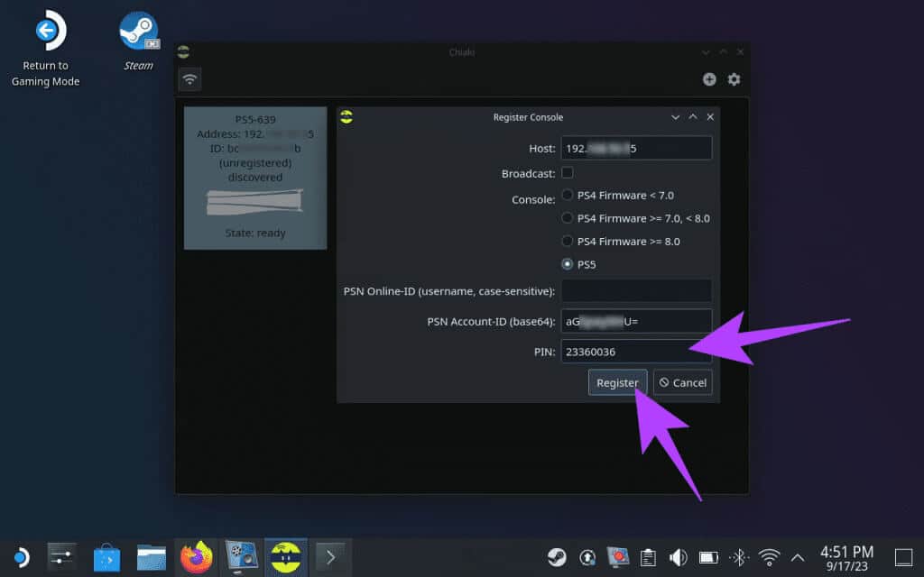 Enter-the-code-into-the-PIN-field-inside-Chiaki-and-press-Register-1024x640-1 اللعب عن بعد في Steam Deck: قم ببث الكمبيوتر الشخصي أو PS5 إلى Steam Deck