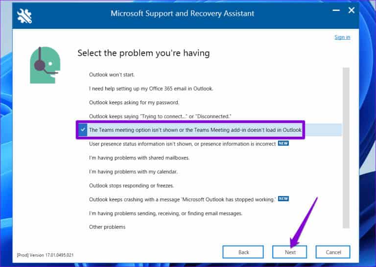 Fix-Teams-Add-in-in-Outlook-With-the-Microsoft-Support-and-Recovery-Assistant-768x545-1 أفضل 6 طرق لإصلاح عدم ظهور الوظيفة الإضافية لاجتماعات Microsoft Teams في Outlook على Windows