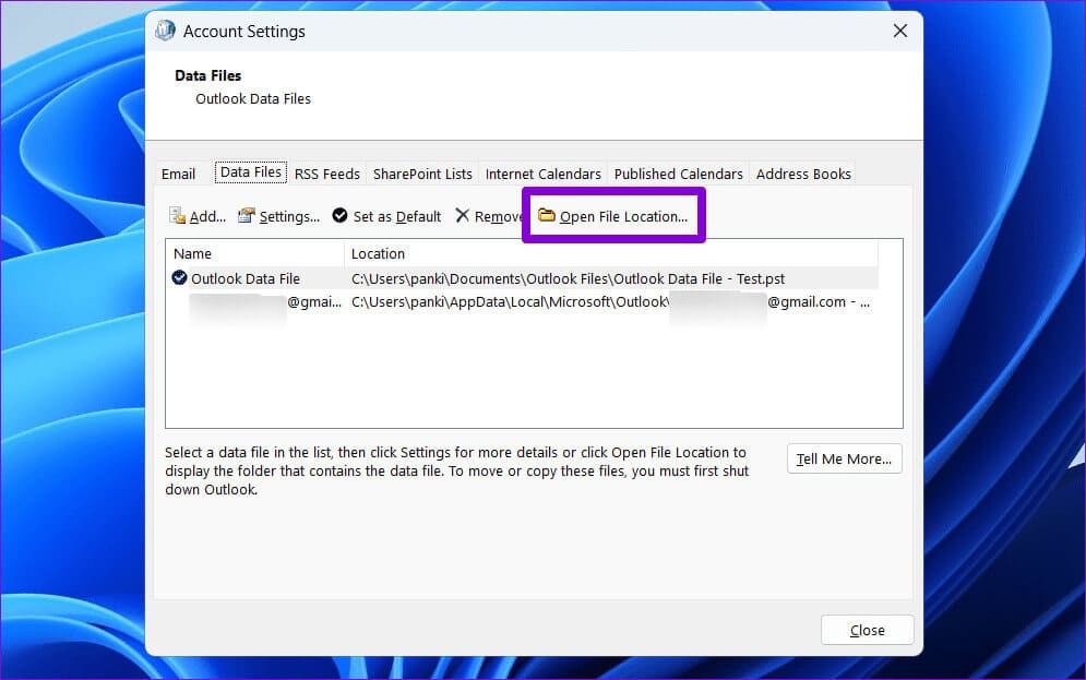 Open-Outlook-Data-File-Location أفضل 5 طرق لإصلاح خطأ لا يمكن الوصول إلى ملف بيانات Outlook على Windows
