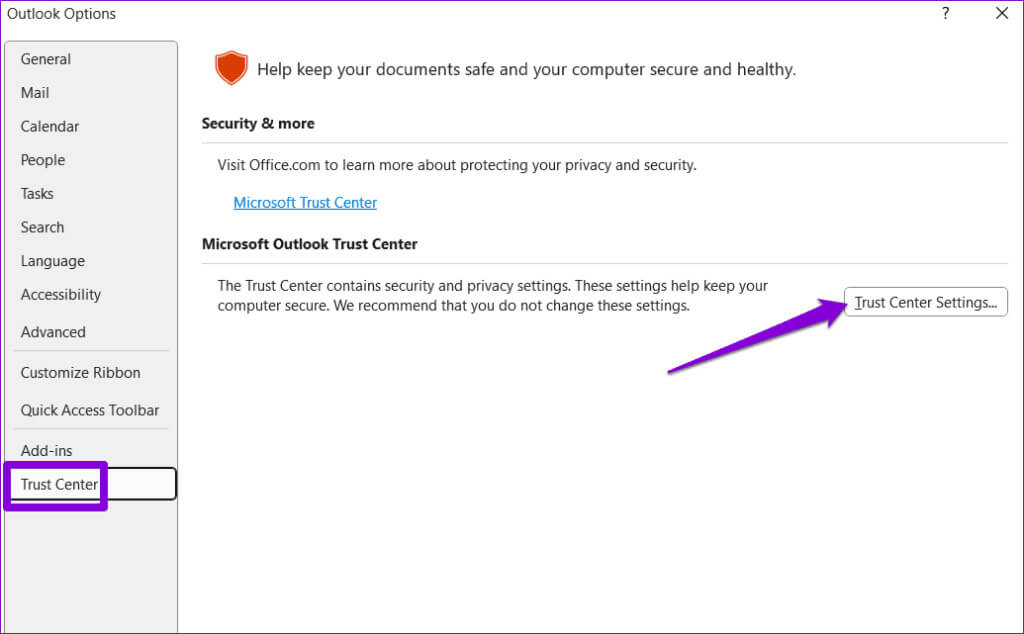 Outlook-Trust-Center-Settings-1024x634-1 أفضل 7 طرق لإصلاح عدم عرض Microsoft Outlook لمحتوى البريد الإلكتروني على Windows