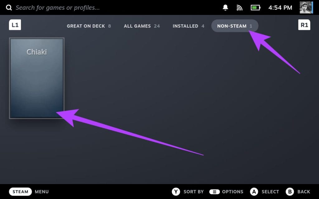 Press-R1-on-your-Steam-Deck-to-switch-to-the-Non-Steam-Games-tab-and-then-tap-on-Chiaki-1024x640-1 اللعب عن بعد في Steam Deck: قم ببث الكمبيوتر الشخصي أو PS5 إلى Steam Deck