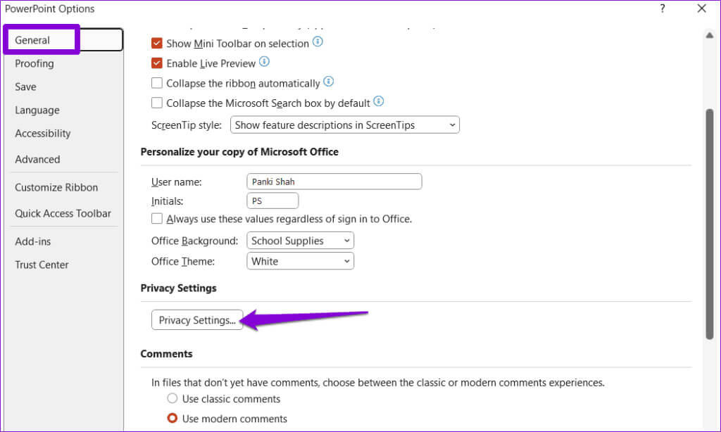 Privacy-Settings-in-PowerPoint-1024x614-1 أفضل 8 إصلاحات لعدم عرض PowerPoint للصور على Windows