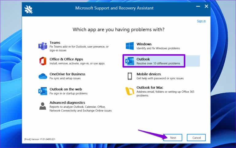 Run-the-Microsoft-Support-and-Recovery-Assistant-to-Fix-MS-Outlook-768x482-1 أفضل 6 طرق لإصلاح عدم ظهور الوظيفة الإضافية لاجتماعات Microsoft Teams في Outlook على Windows