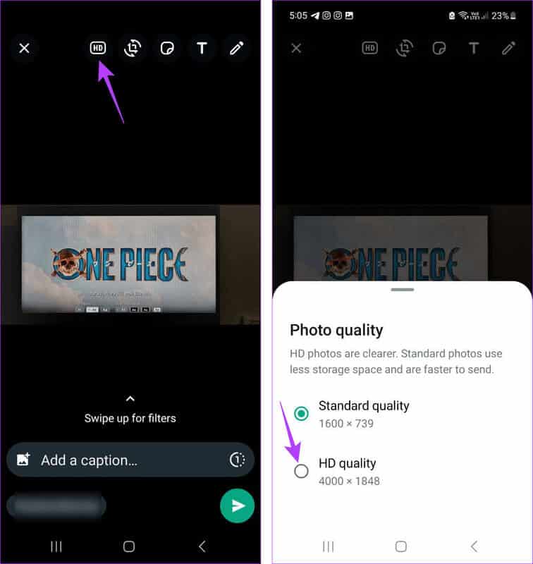 Select-HD-quality كيفية إرسال الصور ومقاطع الفيديو عالية الدقة في WhatsApp